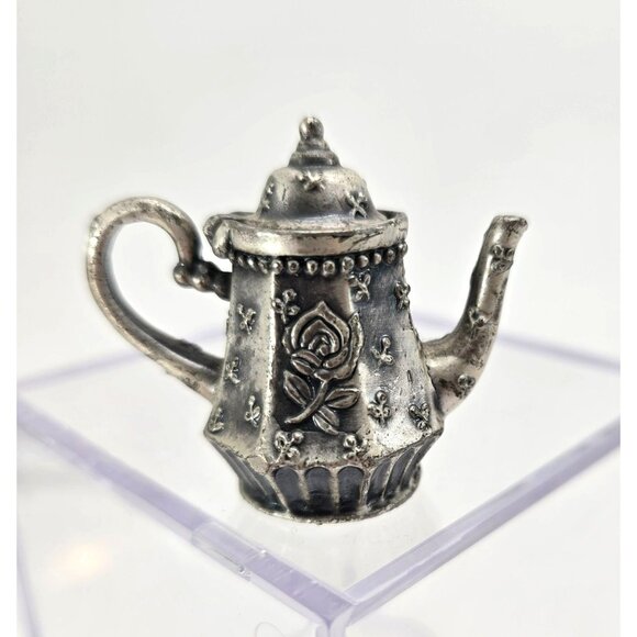 Vintage Pewter Silver Miniature Teapot Figurine With Rose Design Operable je197 - Picture 5 of 7